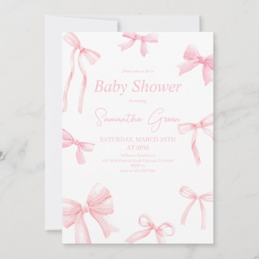 Pink Girl Ribbon Minimalistisch Baby Dusche Einladung (Vorderseite)