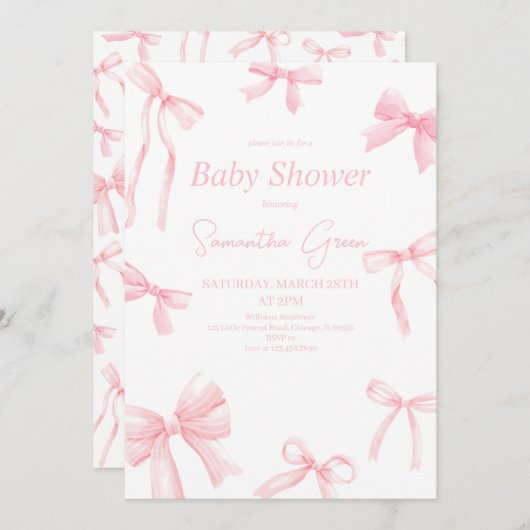 Pink Girl Ribbon Minimalistisch Baby Dusche Einladung (Vorne/Hinten)