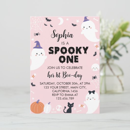 Pink Girl Spooky One Ghost Birthday Einladung (Stehend Vorderseite)