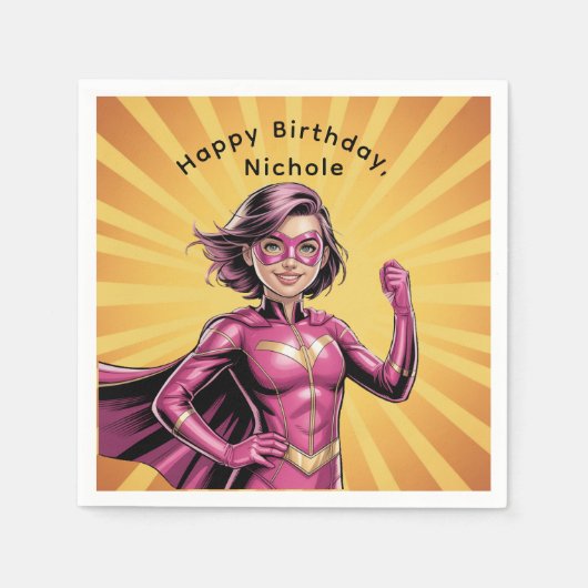 Pink Girl Superhero Birthday Party Serviette (Vorderseite)