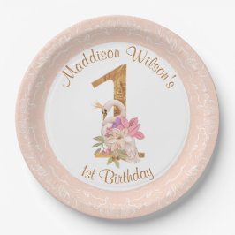 Pink Girl Swan 1. Geburtstag Papierplatte Pappteller