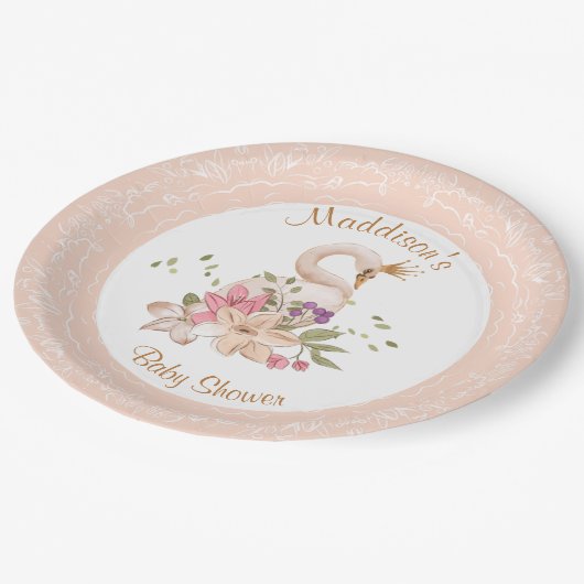Pink Girl Swan Birthday Baby Shower Paper Plate Pappteller (Schrägansicht)
