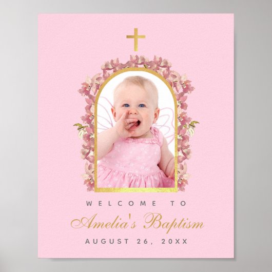 Pink Girl Taufe Foto Gold Arch Poster (Vorne)