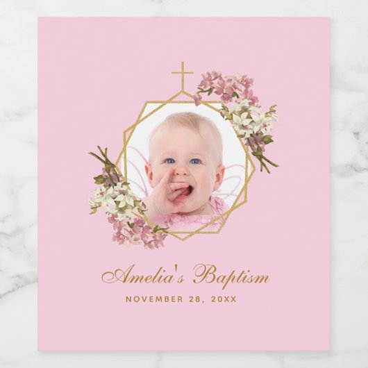 Pink Girl Taufe Foto Orchids Floral Geometric Weinetikett (Einzelnes Label)