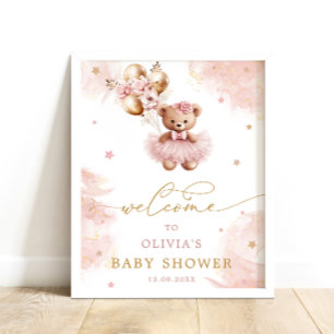 Pink Girl Teddy Bear Baby Dusche Willkommen Poster