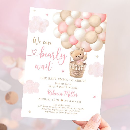 Pink Girl Teddy Bear Balloons Babydusche Einladung