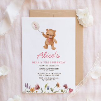 Pink Girl Teddy Bear Einladung zum ersten Geburtst