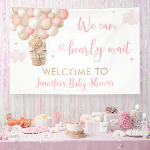 Pink Girl Teddy Bear Hot Air Ballon Babydusche Banner