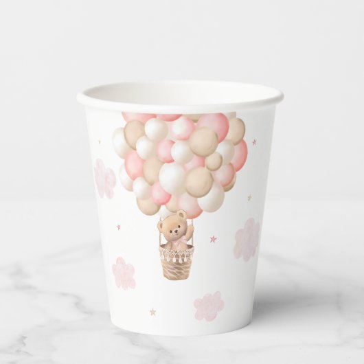 Pink Girl Teddy Bear Hot Air Ballon Babydusche Pappbecher (Vorderseite)