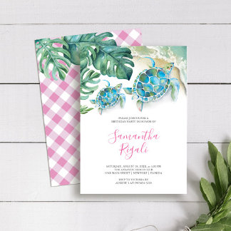 Pink Girl Tropical Sea Turtle Gingham Birthday Einladung