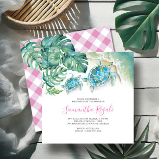 Pink Girl Tropical Sea Turtle Gingham Birthday Einladung