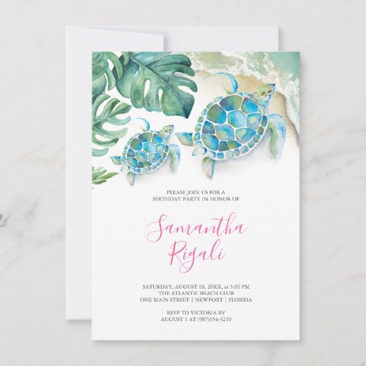 Pink Girl Tropical Sea Turtle Gingham Birthday Einladung (Vorderseite)