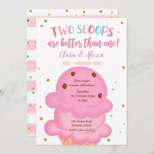 Pink Girl Twins Ice Creme Einladung (Vorne/Hinten)