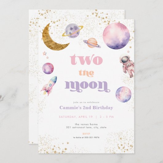 Pink Girl Two the Moon Birthday Einladung (Vorne/Hinten)