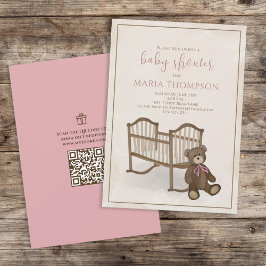 Pink Girl Vintag Teddy Bear QR Code Geschenkkartei Einladung