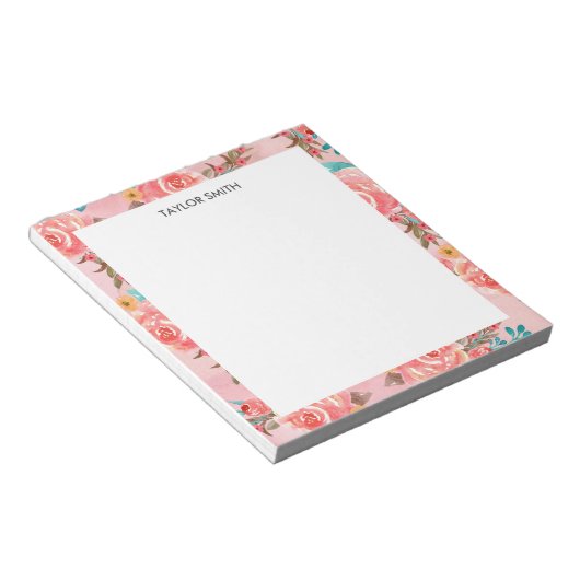 Pink Girl Watercolor Blumenmuster Personalisiert Notizblock (angewinkelt)
