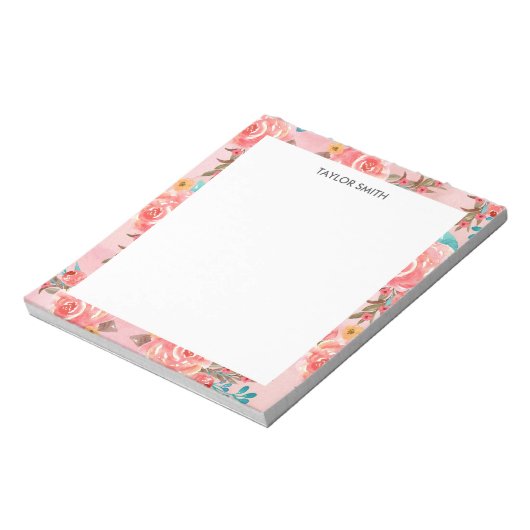 Pink Girl Watercolor Blumenmuster Personalisiert Notizblock (Rotiert)