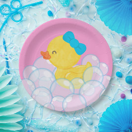 Pink Girl Watercolor Rubber Duck Party Pappteller