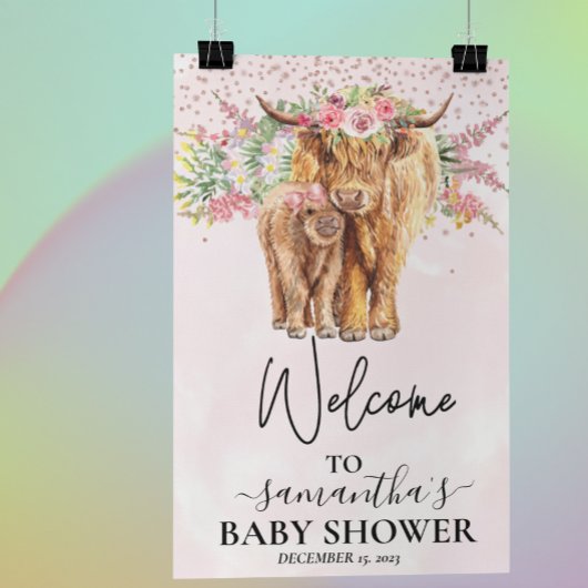 Pink Girl Willkommen Hochland Kuh Calf Baby Dusche Poster