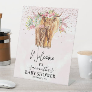 Pink Girl Willkommen Hochland Kuh Calf Baby Dusche Sockelschild
