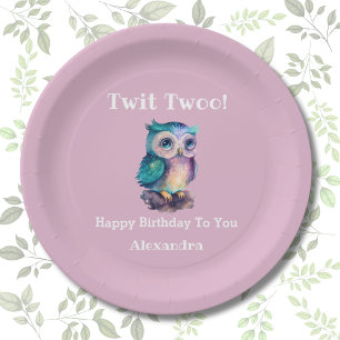 Pink Girl Woodland Animal Owl Birthday Pappteller