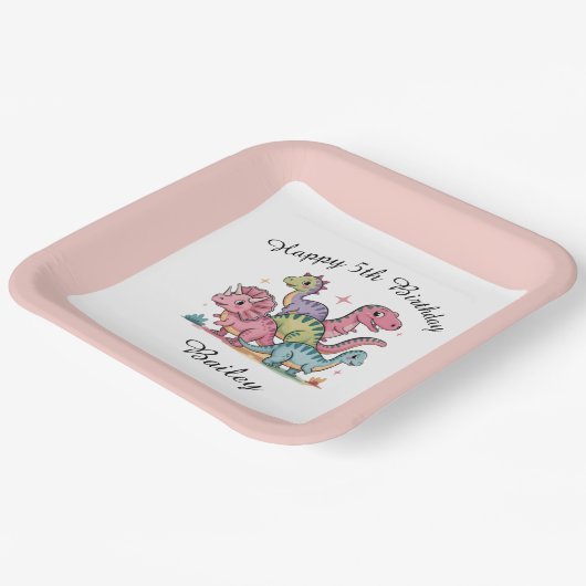 Pink Girls Dinosaur Geburtstag Pappteller (Gewinkelt)