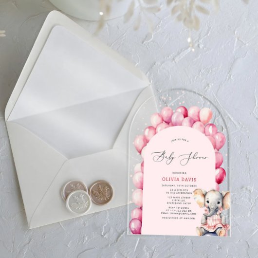 Pink Girl's Elephant & Balloon Baby Shower Acryleinladungen