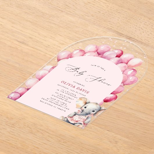 Pink Girl's Elephant & Balloon Baby Shower Acryleinladungen (Ablage )