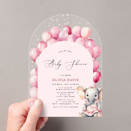 Pink Girl's Elephant & Balloon Baby Shower Acryleinladungen (Insitu (Handheld))
