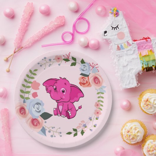 Pink Girl's Elephant Floral Baby Shower Pappteller (Party)