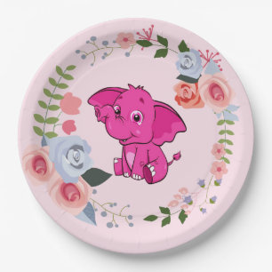 Pink Girl's Elephant Floral Baby Shower Pappteller