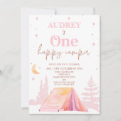 Pink Girls Happy Camper 1. Geburtstag Einladung (Vorderseite)