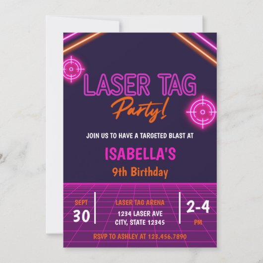 Pink Girl's Laser Tag Neon Glow Geburtstag Einladung (Vorderseite)