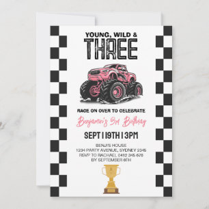Pink Girls Monster Truck 3. Geburtstagsfeier Einladung