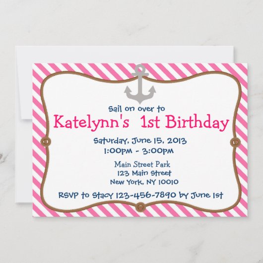Pink Girl's Nautical Birthday Party Einladung (Vorderseite)