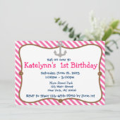 Pink Girl's Nautical Birthday Party Einladung (Stehend Vorderseite)