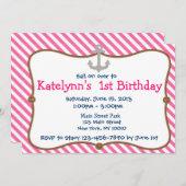 Pink Girl's Nautical Birthday Party Einladung (Vorne/Hinten)