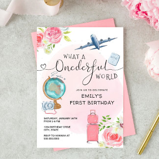 Pink Girls ONEderful World First Birthday Einladung