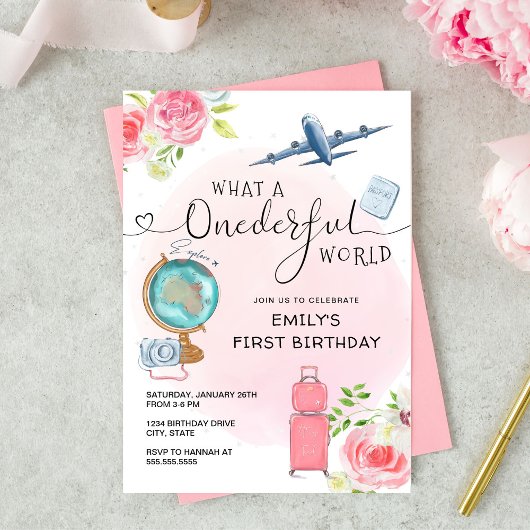 Pink Girls ONEderful World First Birthday Einladung