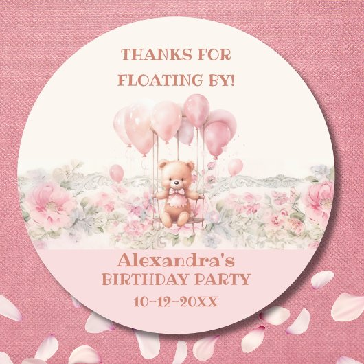 Pink Girl's Teddy Birthday Party Danke Runder Aufkleber