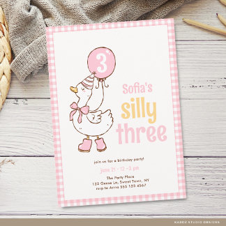 Pink Girls Three Silly Goose 3rd Birthday Einladung