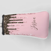 Pink Girly Bling Womens Black Script Glitzern Name Golf Headcover (Vorderseite)