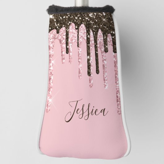 Pink Girly Bling Womens Black Script Glitzern Name Golf Headcover (Rotieren 90)