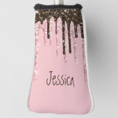 Pink Girly Bling Womens Black Script Glitzern Name Golf Headcover (Rotieren 90)