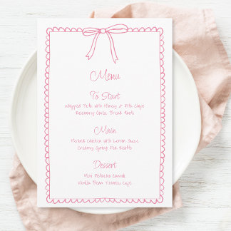 Pink Girly Bow Scallop Wedding Brautparty Menu Menükarte