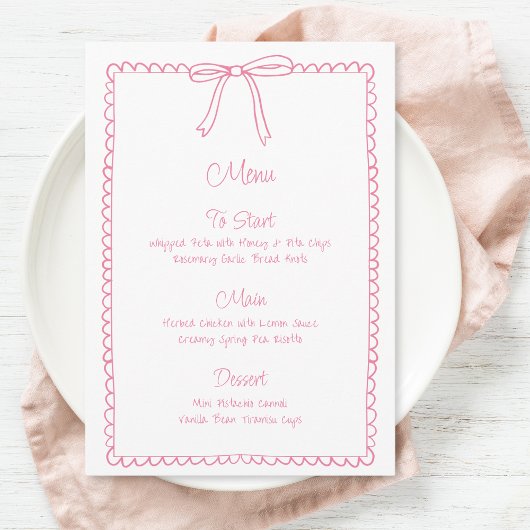 Pink Girly Bow Scallop Wedding Brautparty Menu Menükarte
