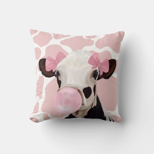 Pink Girly Bubblegum Blflüge Kuh Kissen (Vorderseite)