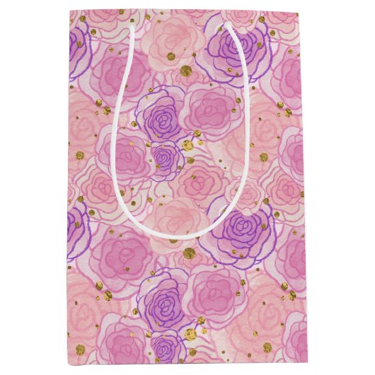 Pink Girly Chic Rose Glitzer Blumenpapier Mittlere Geschenktüte (Vorderseite)