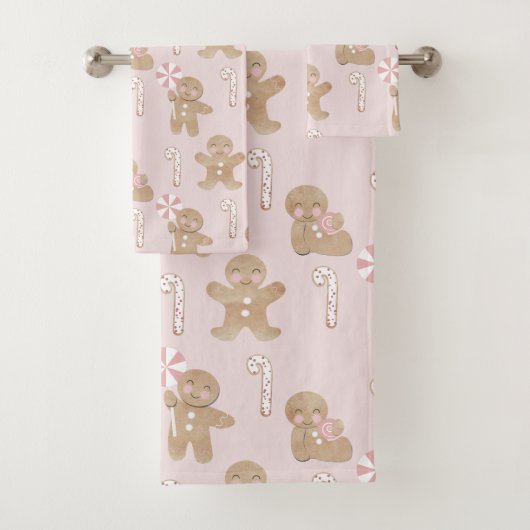 PINK! Girly Christmas GIngerbread Muster Towell Badhandtuch Set (Insitu)