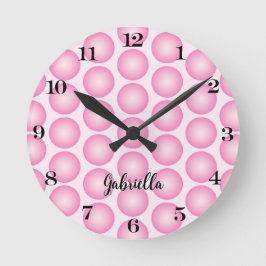 Pink Girly Dots Black Script Name Wall Uhr